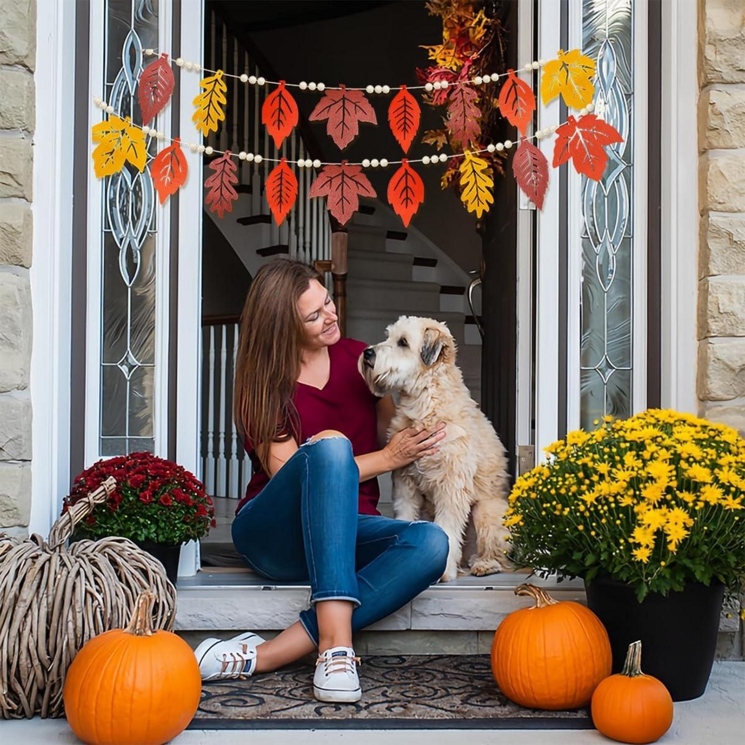 Herbst Girlande Ahornblatt Holzperlen Fensterdeko Set