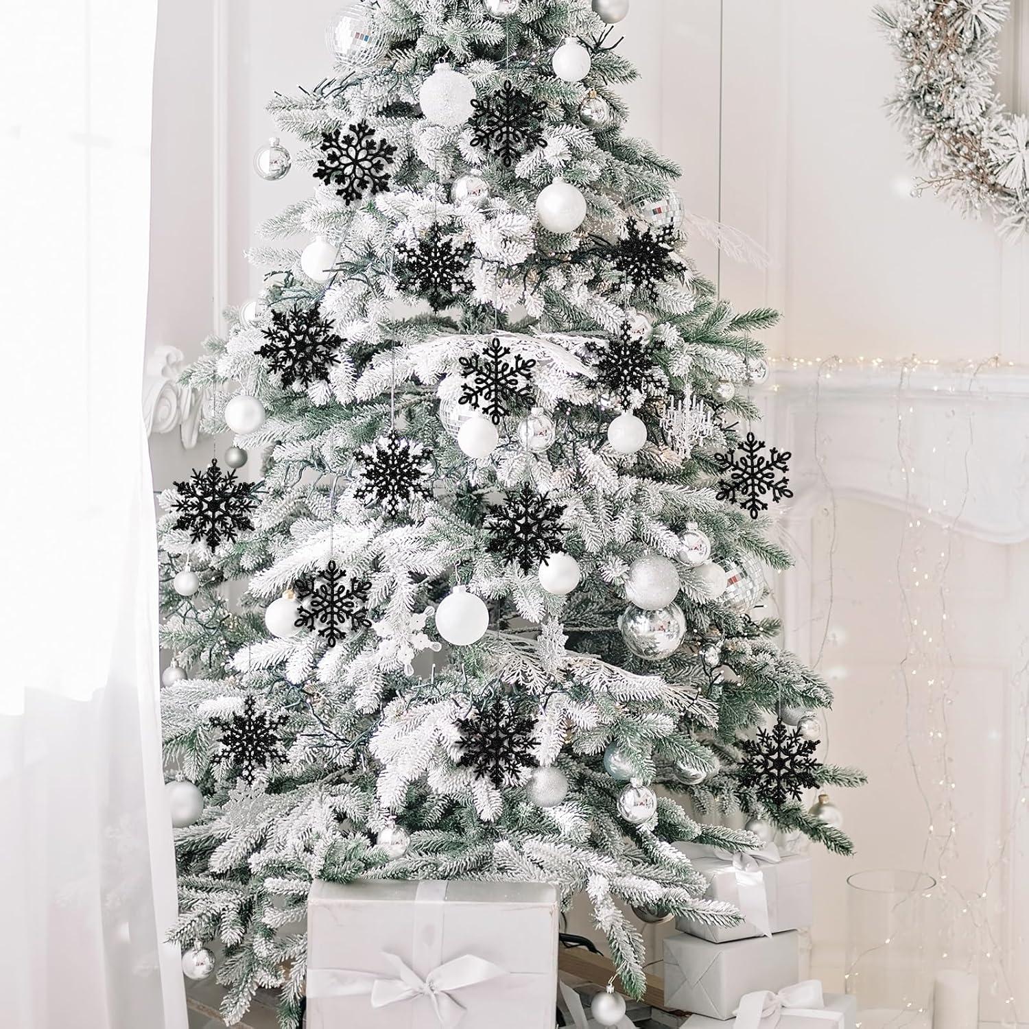 24er Schneeflocken Deko Set Schwarz Glitzer Weihnachten