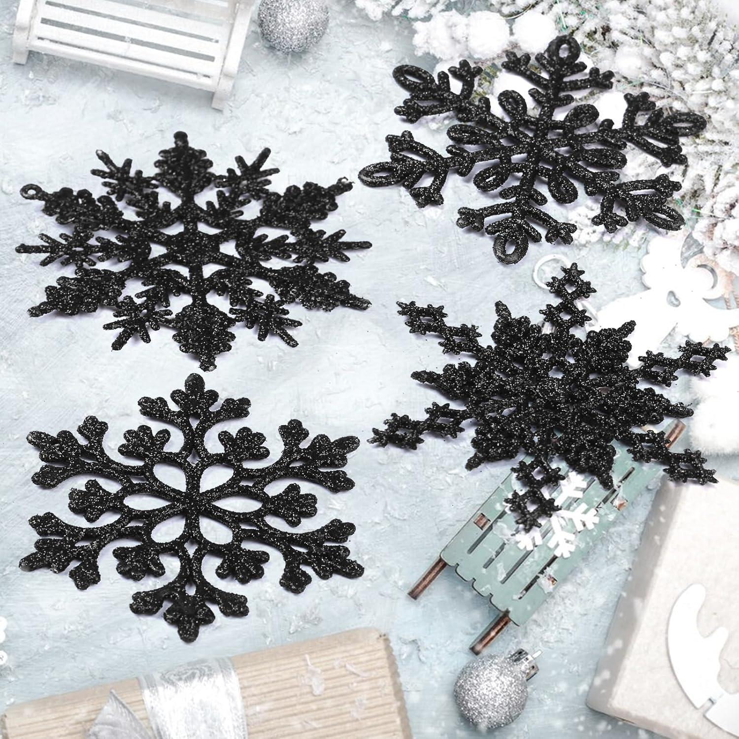 24 Schneeflocken Weihnachtsbaum Deko Schwarz Glitzer Anhänger