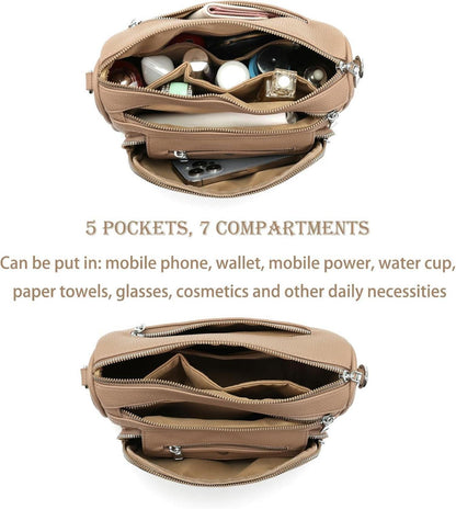 Damen Umhängetasche Mittelgroß Crossbody Bag 5 Taschen 7 Fächer