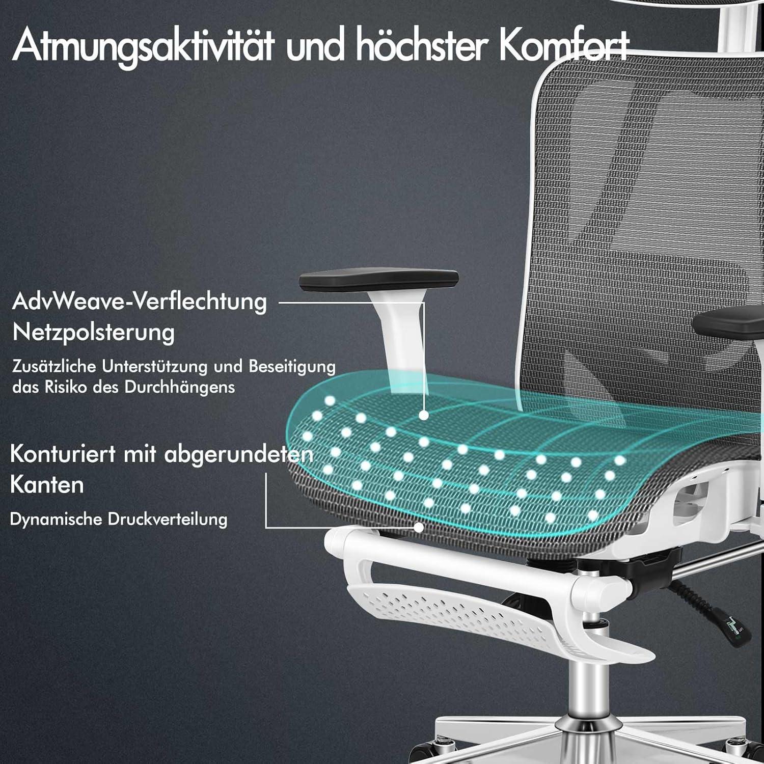 Bürostuhl Ergonomisch mit 3D-Verstellbarer Armlehne, Kopfstütze