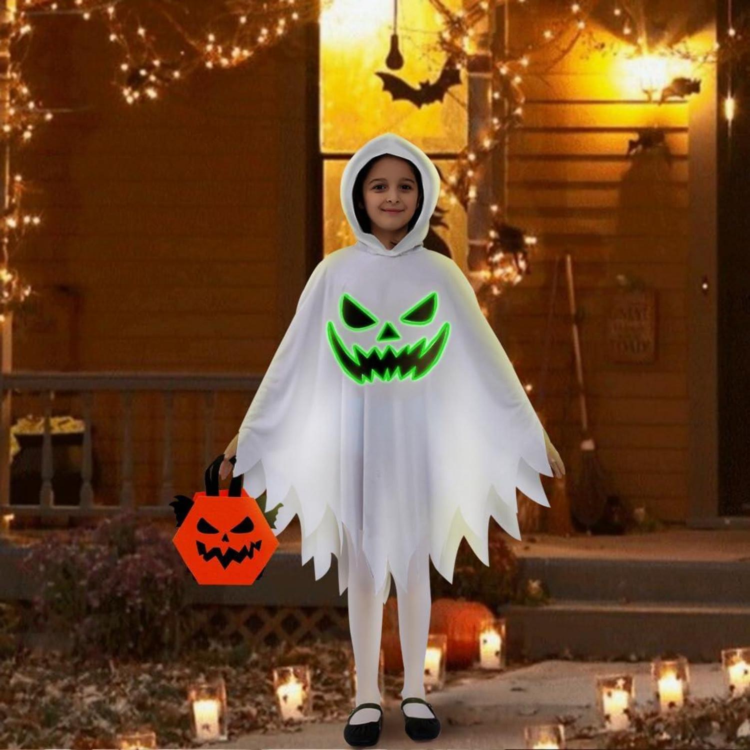Kinder Geister Kostüm für Halloween mit Umhang, Gespenst Mantel und Kürbistasche