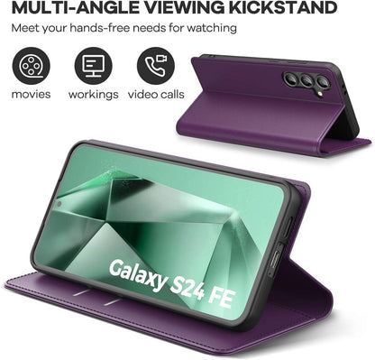 Peakally Samsung Galaxy S24 FE 5G Hülle Dunkellila PU Leder Stand Schutz Flip Case