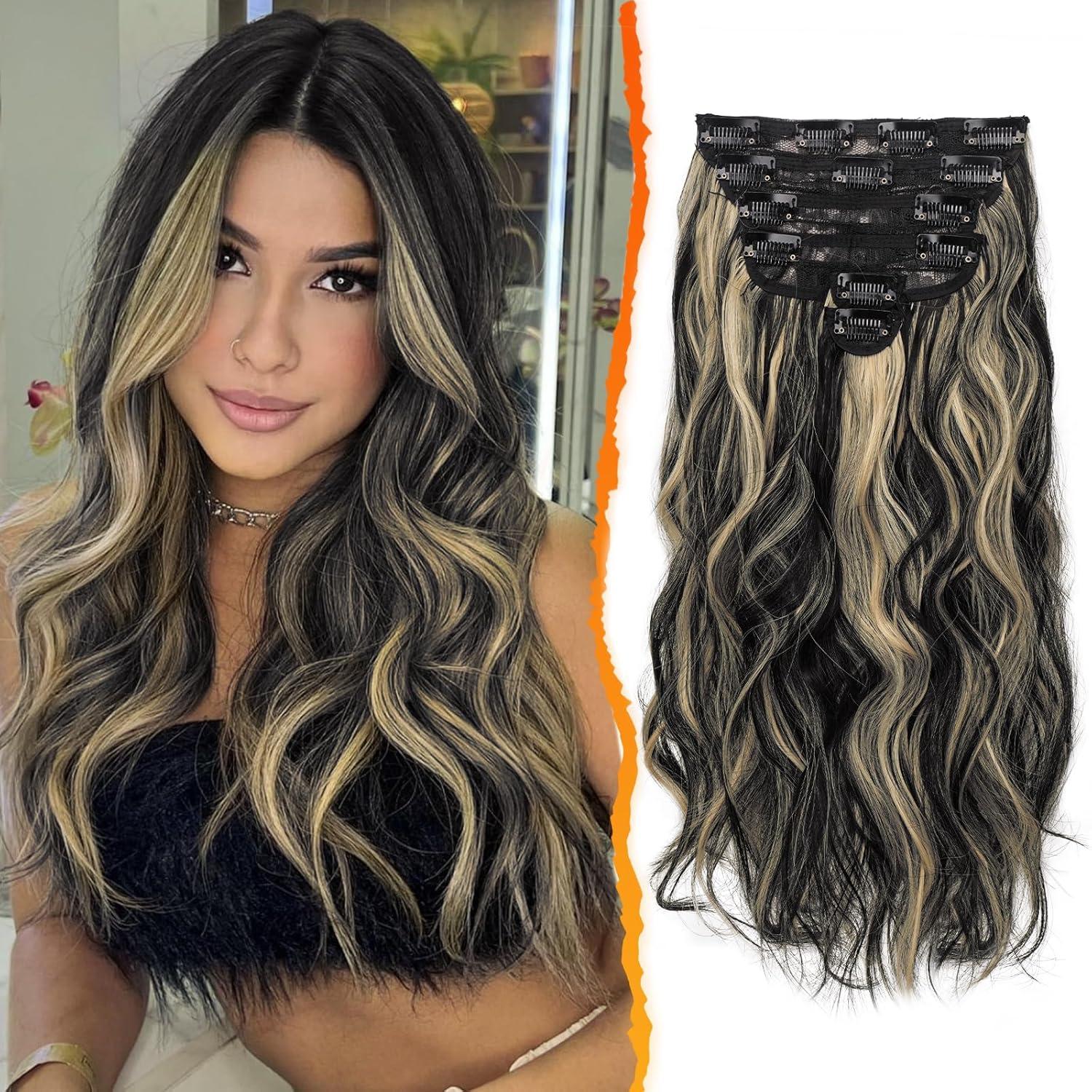 Wellige Clip-In Extensions für Frauen, 40CM, 6-teilig, Schwarz