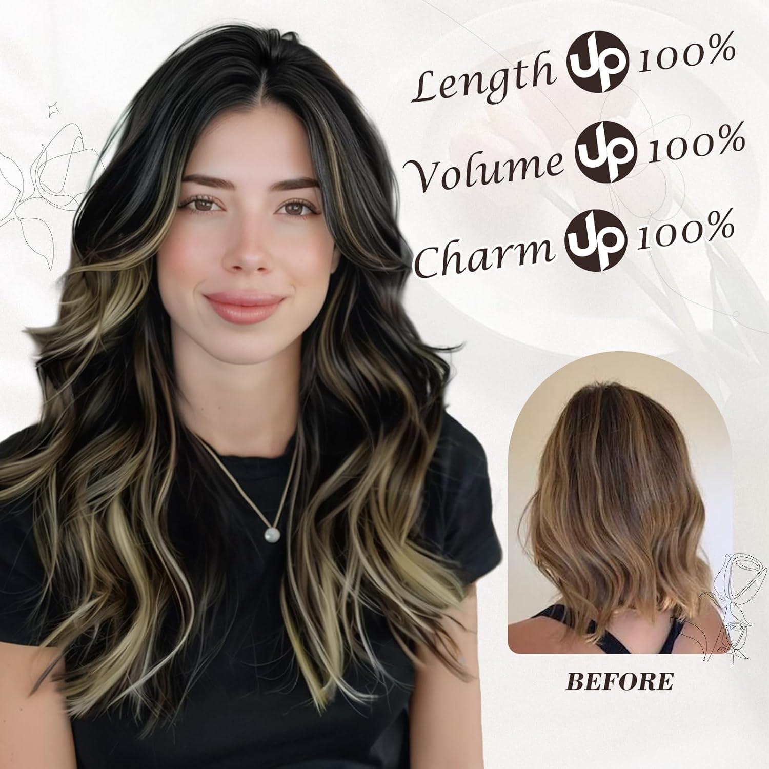 Clip in Extensions 40CM Highlight Wellig Schwarz 6PCs Haarverlängerungen