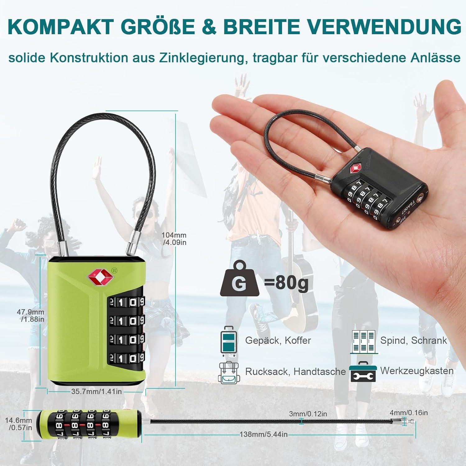 TSA Kofferschloss 4 Stellig, Zelt Schloss, Kabelschloss (2er