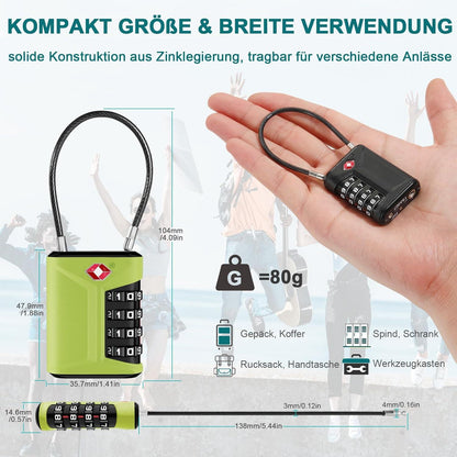 TSA Kofferschloss 4 Stellig, Zelt Schloss, Kabelschloss (2er