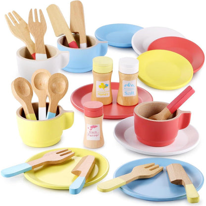 Holz Geschirrset für Kinderküche, 27 Teile, Weiß/Honig
