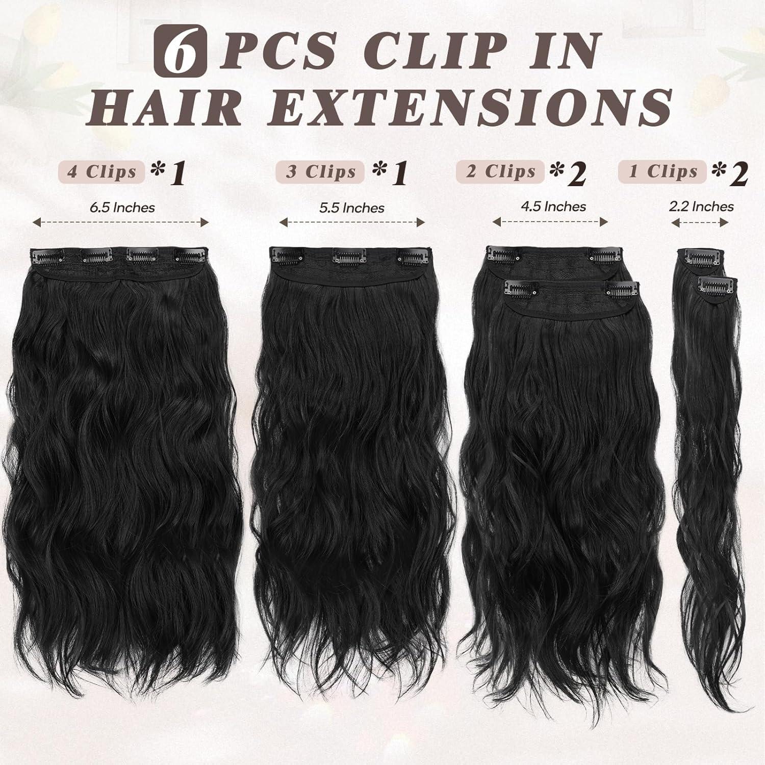 Clip in Extensions 40CM Schwarz Haarteile 6PCs Wellig