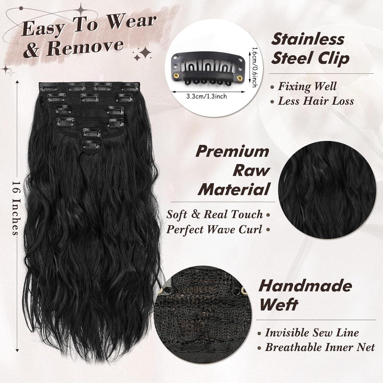Schwarze Clip-In Extensions, 40cm Beach-Wave Haarverlängerungen
