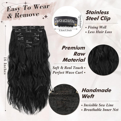 Schwarze Clip-In Extensions, 40cm Beach-Wave Haarverlängerungen