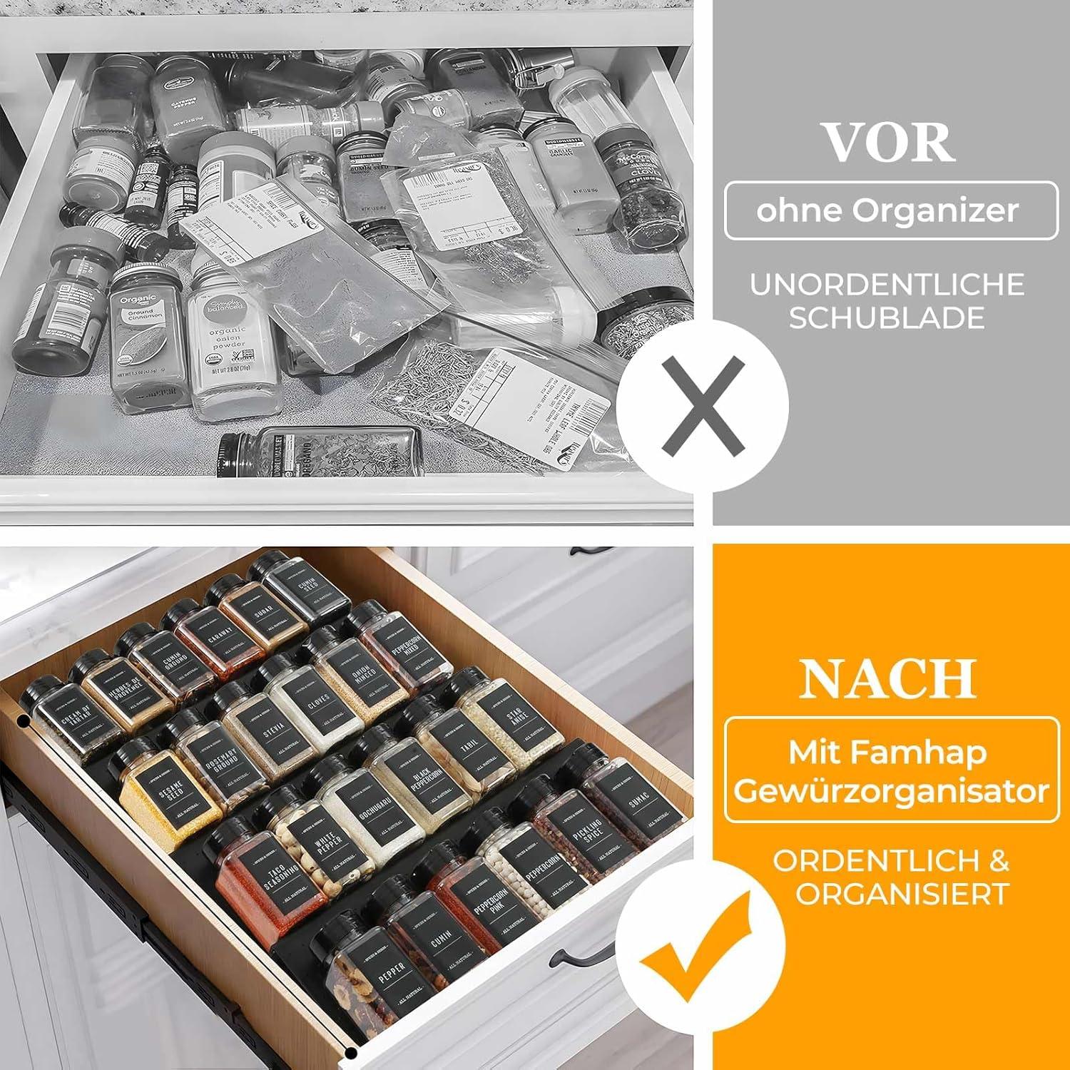 Gewürz Organizer Schublade mit 36 Gewürzgläser Kunststoff Set