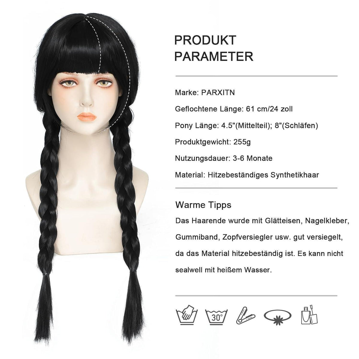 Geflochtene Cosplay Perücke Schwarz – Verstellbar & Halloween-Look