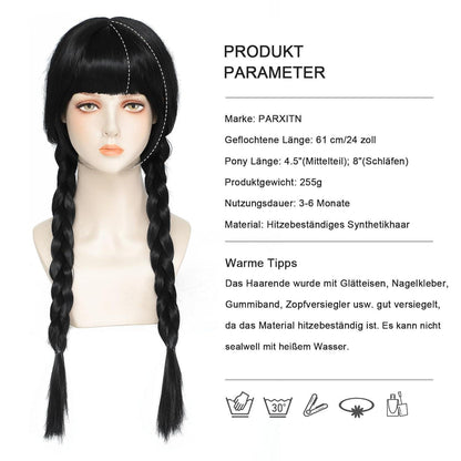Geflochtene Cosplay Perücke Schwarz – Verstellbar & Halloween-Look