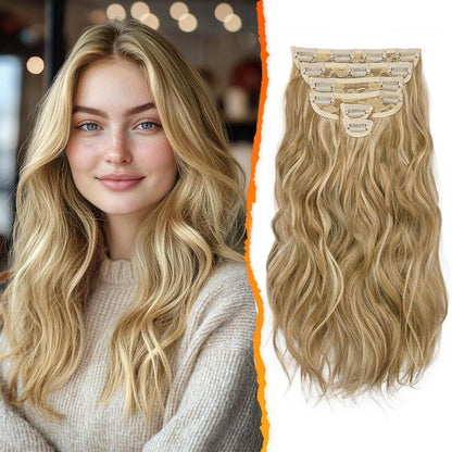Clip in Extensions Haarverlängerung Wellige Highlights 40cm Goldblond