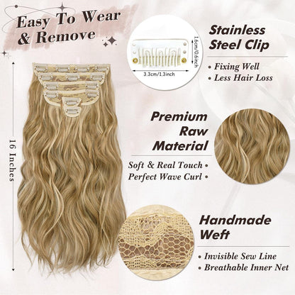 Clip in Extensions Haarverlängerung Wellige Highlights 40cm Goldblond