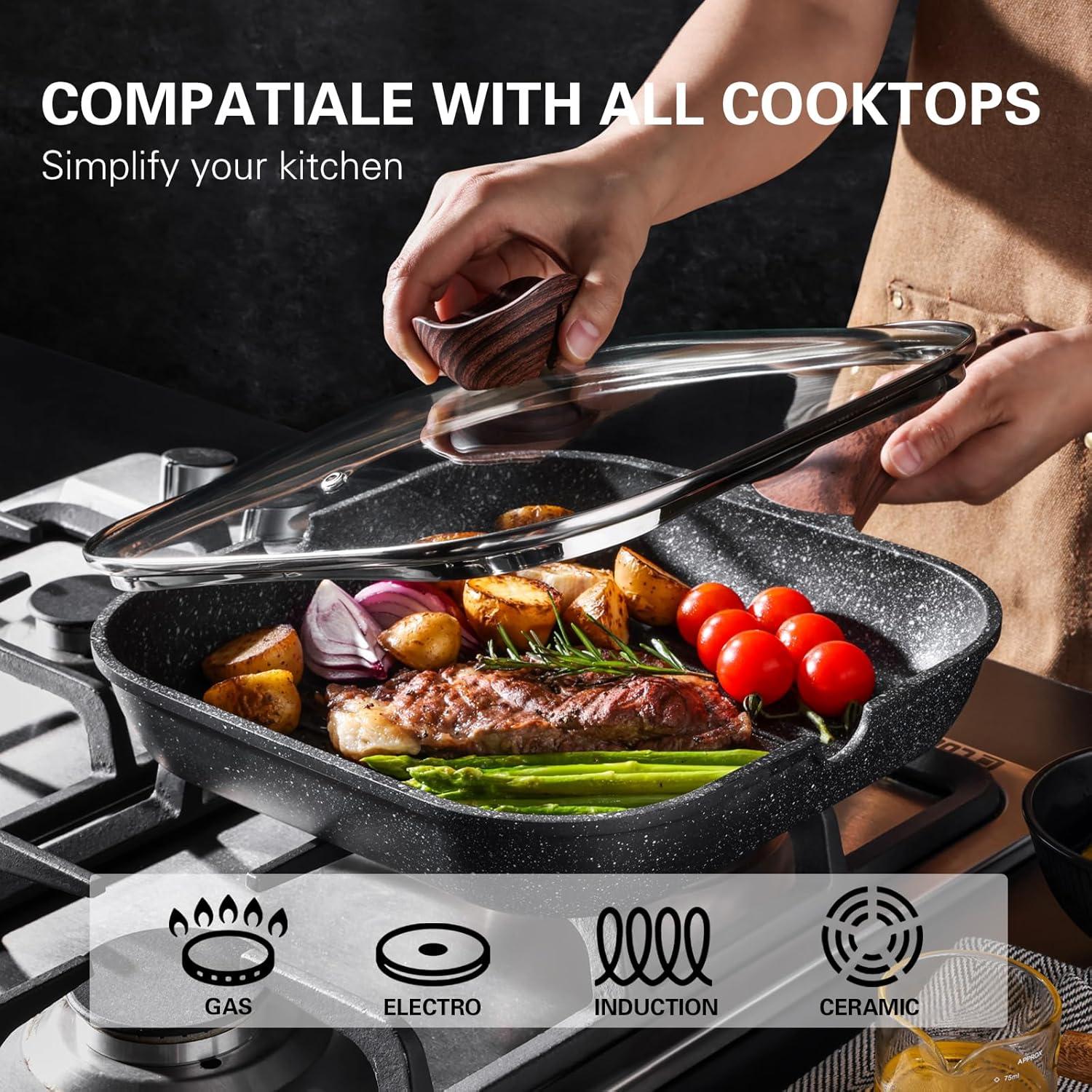Antihaft Grillpfanne mit Deckel 28 cm Granitbeschichtung