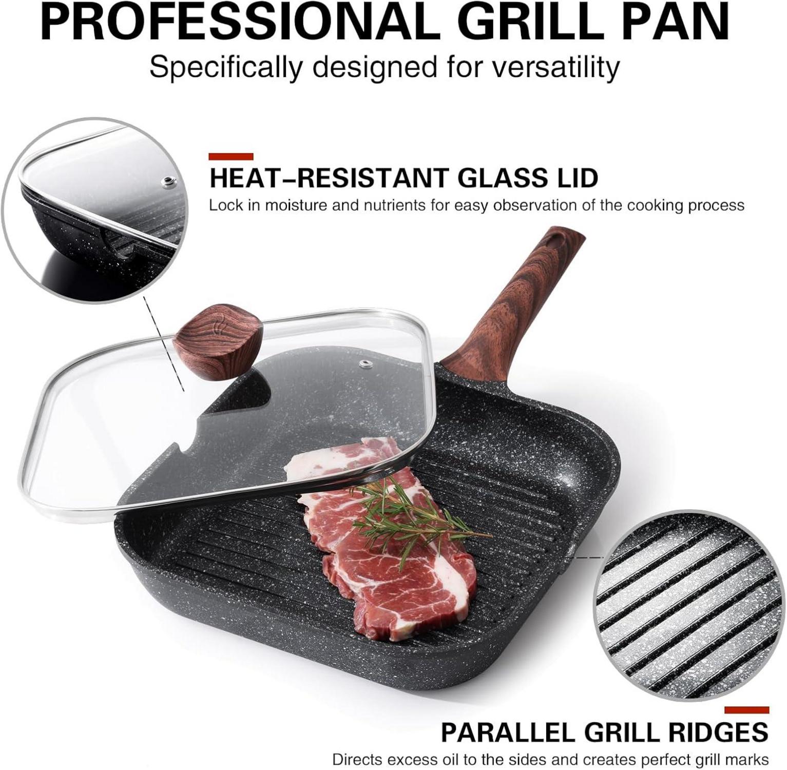 Antihaft-Grillpfanne 28cm mit Deckel, Induktion, Granitbeschichtung