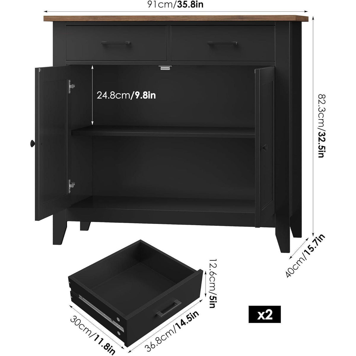 Küchenschrank mit Arbeitsplatte & Schubladen im Landhausstil Schwarz