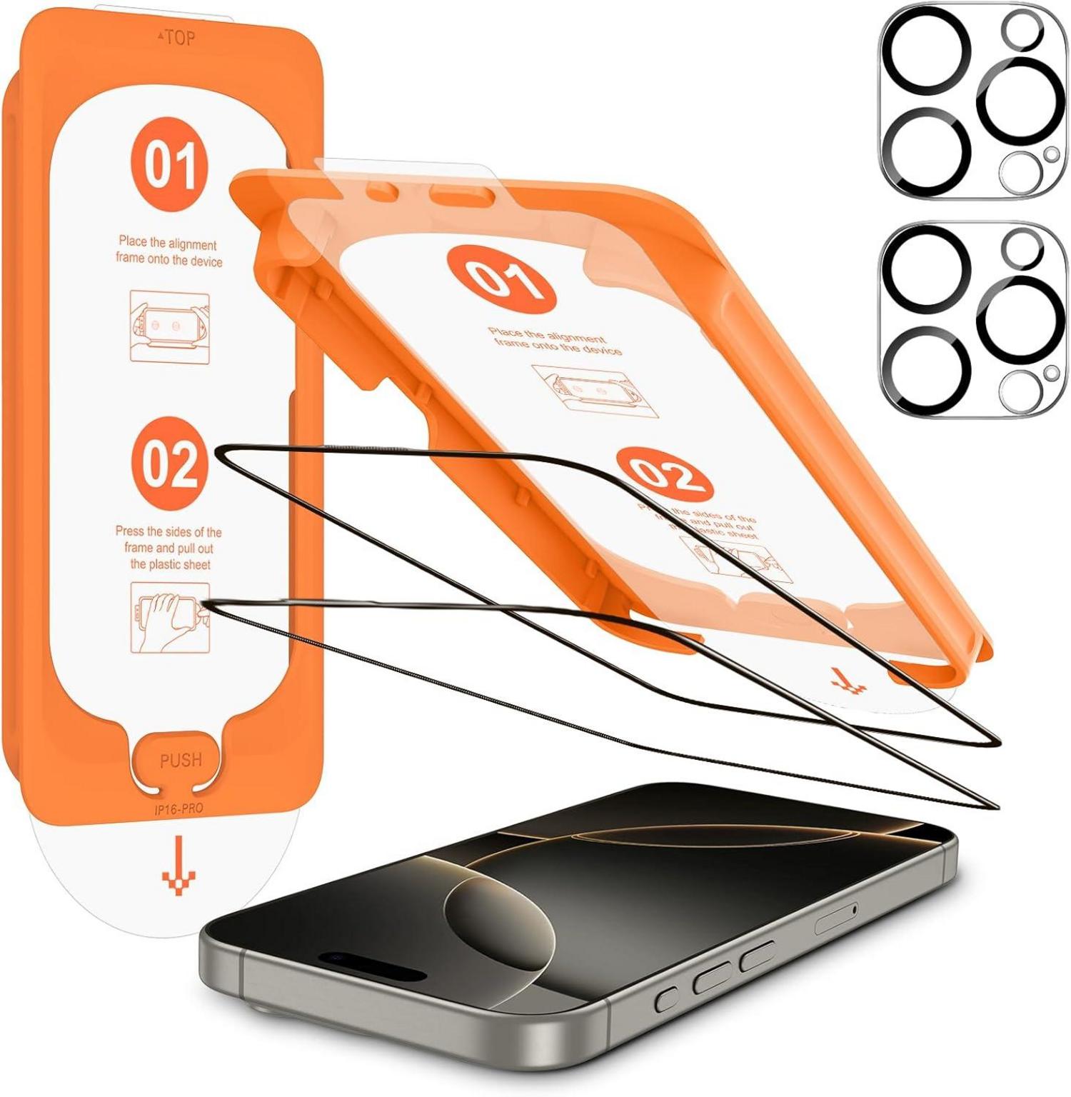 Panzer Schutzglas Folie 2+2 Stück für iPhone 16 Pro 6,3 Zoll