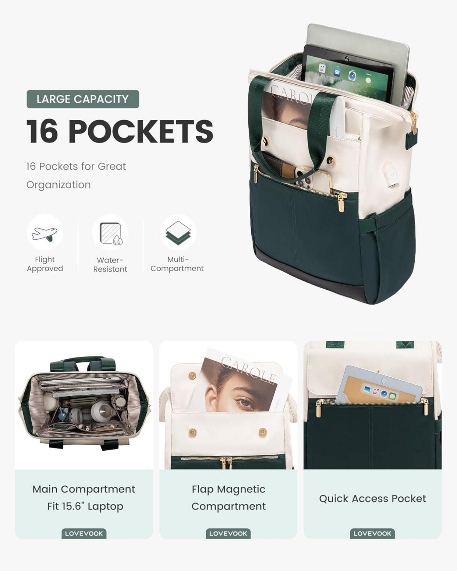 LOVEVOOK Damen Rucksack Grün 15,6 Zoll Laptop Tagesrucksack Handtasche 2 in 1 Business Uni Büro Beige-Grün