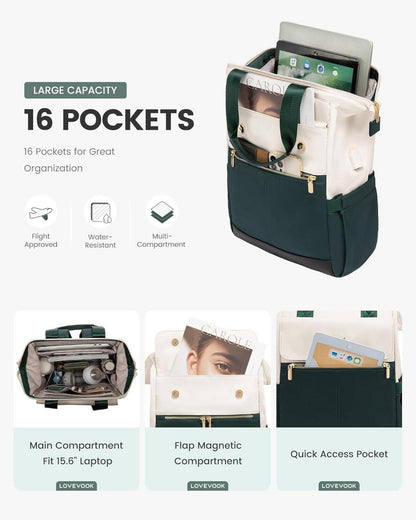 LOVEVOOK Damen Rucksack Grün 15,6 Zoll Laptop Tagesrucksack Handtasche 2 in 1 Business Uni Büro Beige-Grün