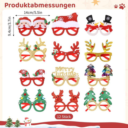 12 Stück Weihnachtsbrillen Set Party Foto Requisiten für Weihnachtsfeier