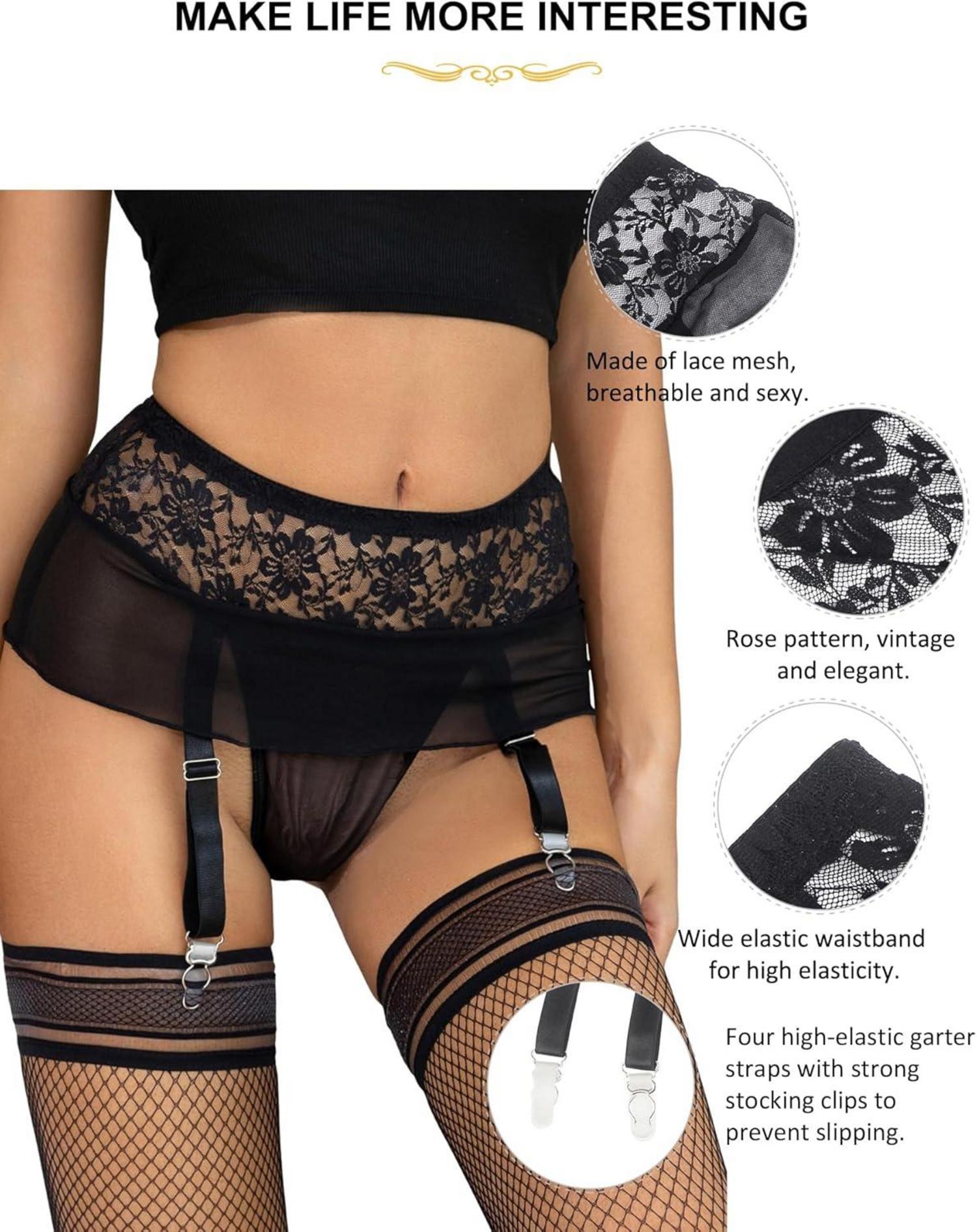 Sexy Strapsgürtel Damen Übergröße Spitze Mesh Schwarz Strapsen Dessous Set