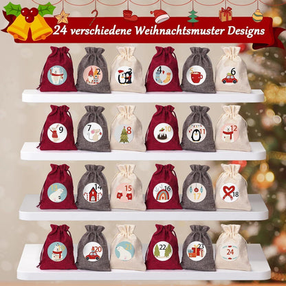 Kiaitre Adventskalender zum Befüllen Stoff 24 Jutesäckchen