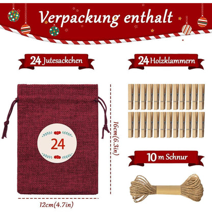 Kiaitre Adventskalender zum Befüllen Stoff 24 Jutesäckchen