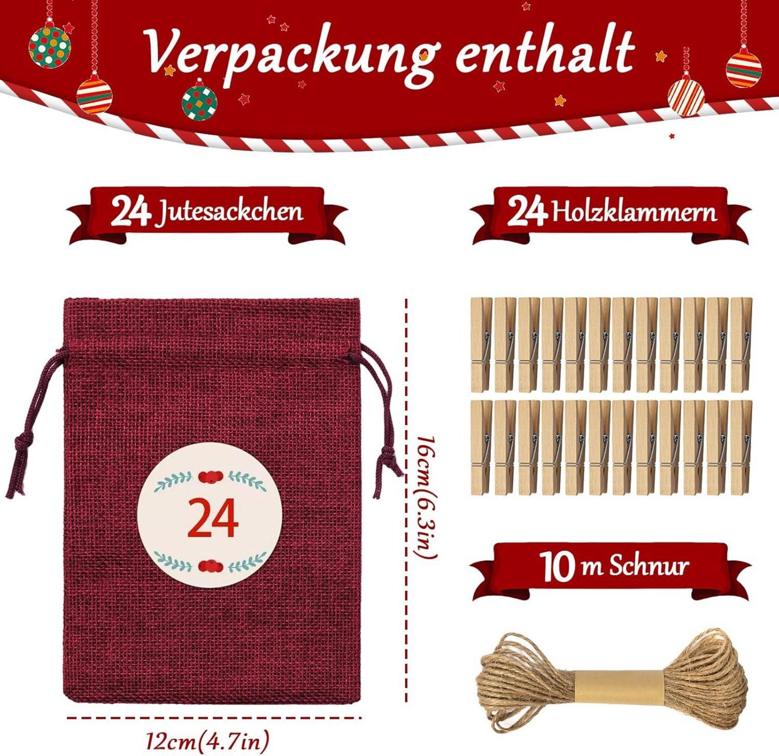 Adventskalender zum Befüllen Stoff 24 Weihnachtsaufkleber & Klammern