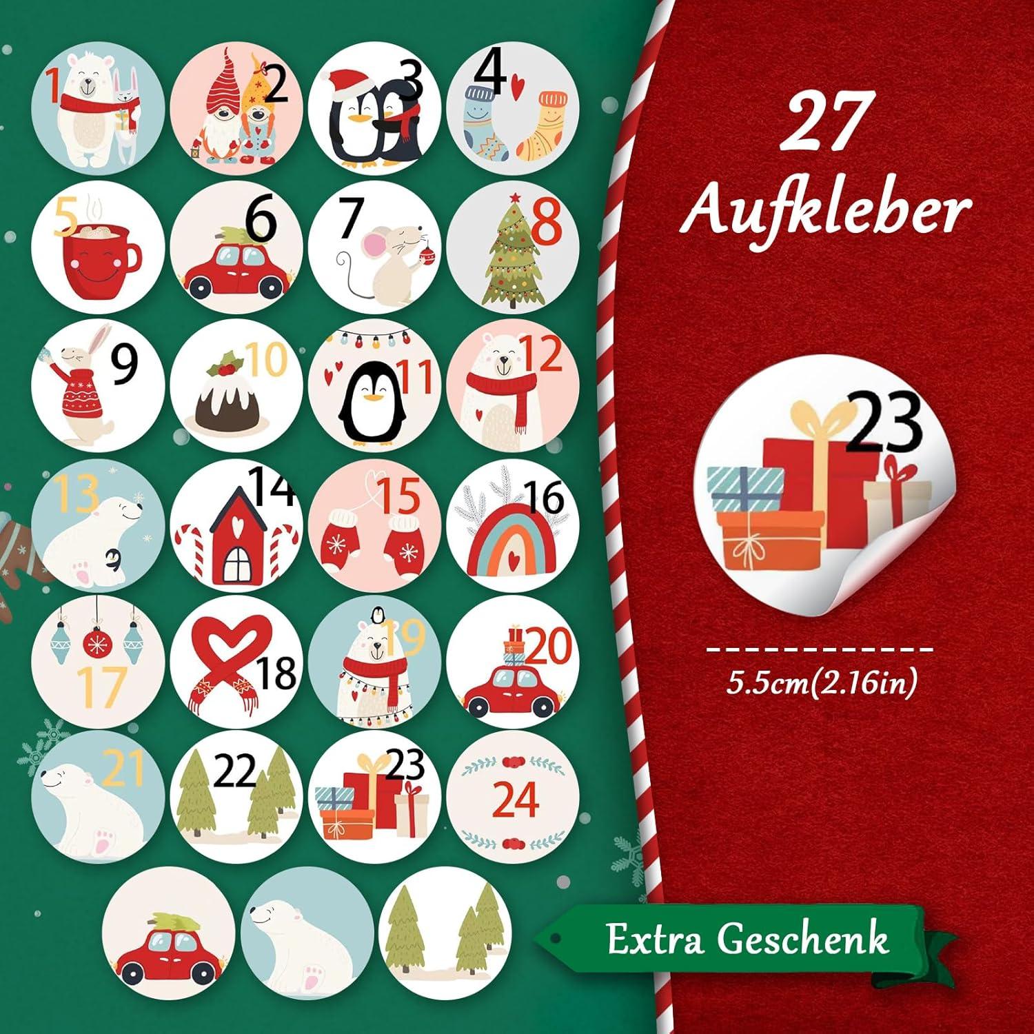 Adventskalender zum Befüllen Stoff 24 Weihnachtsaufkleber 10M Hanfseil