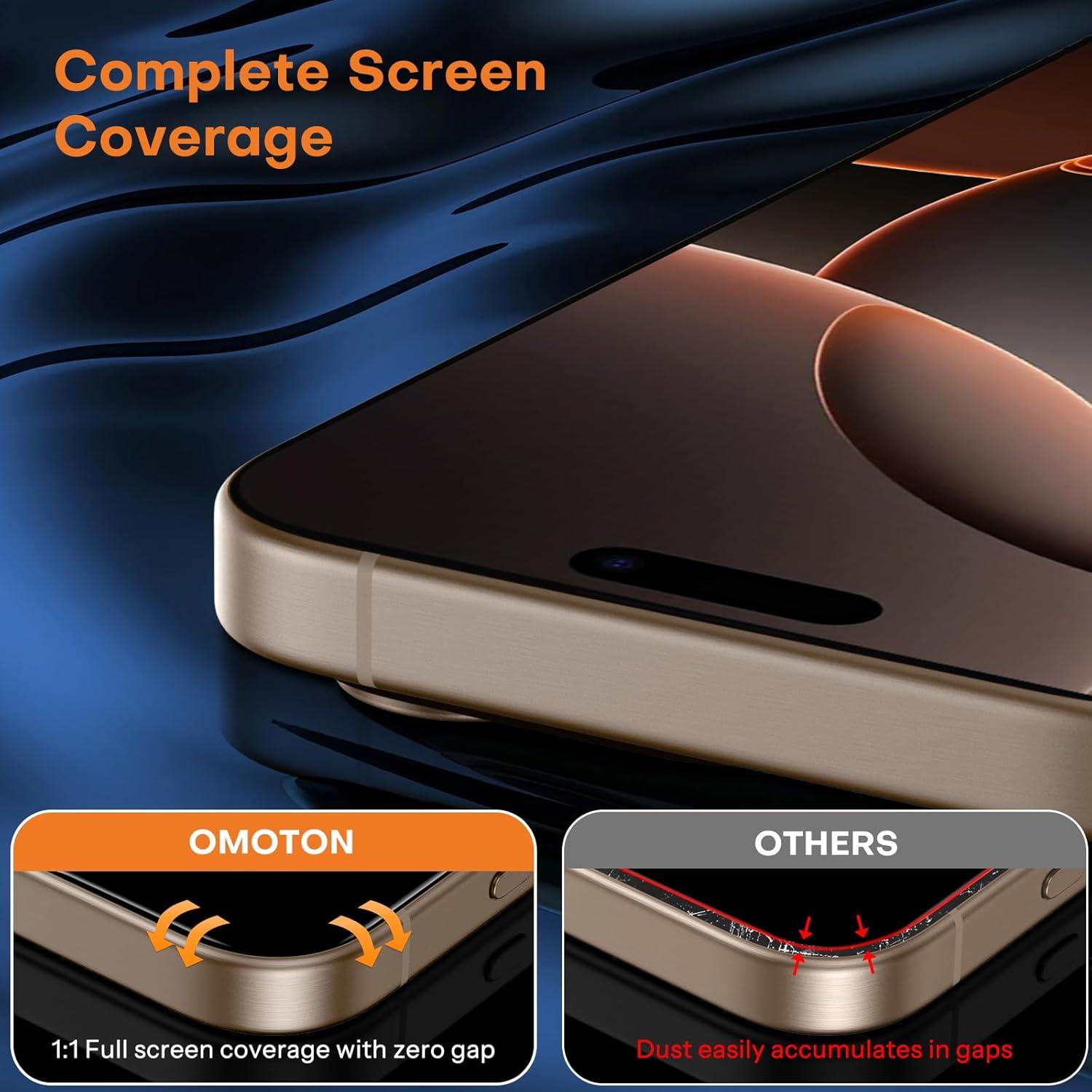 OMOTON Panzerglas für iPhone 16 Pro Max, 9H Härte, Bläschenfrei, Kameraschutz, 3D-Vollbildschutz