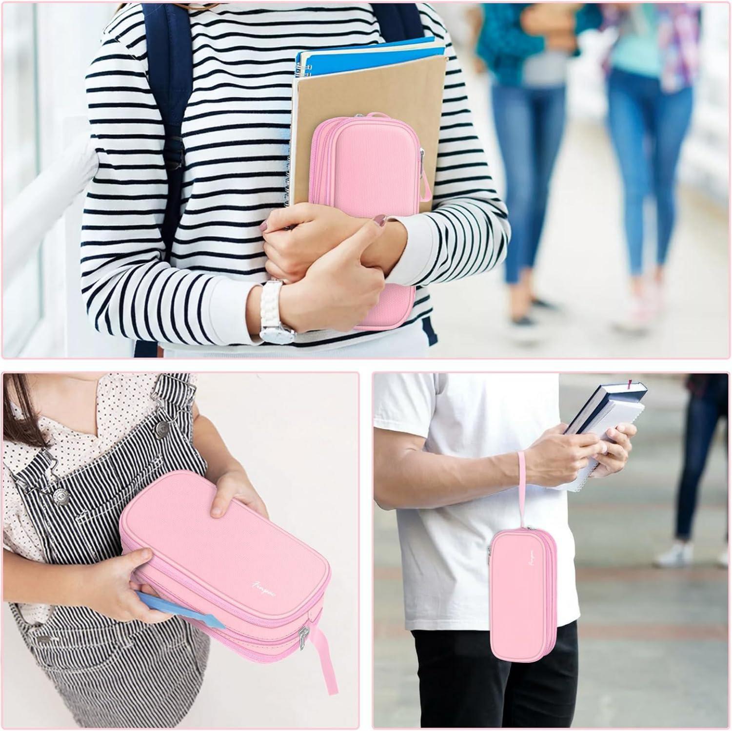 Federmäppchen mit 3 Fächern - Große Kapazität Stiftetasche Rosa