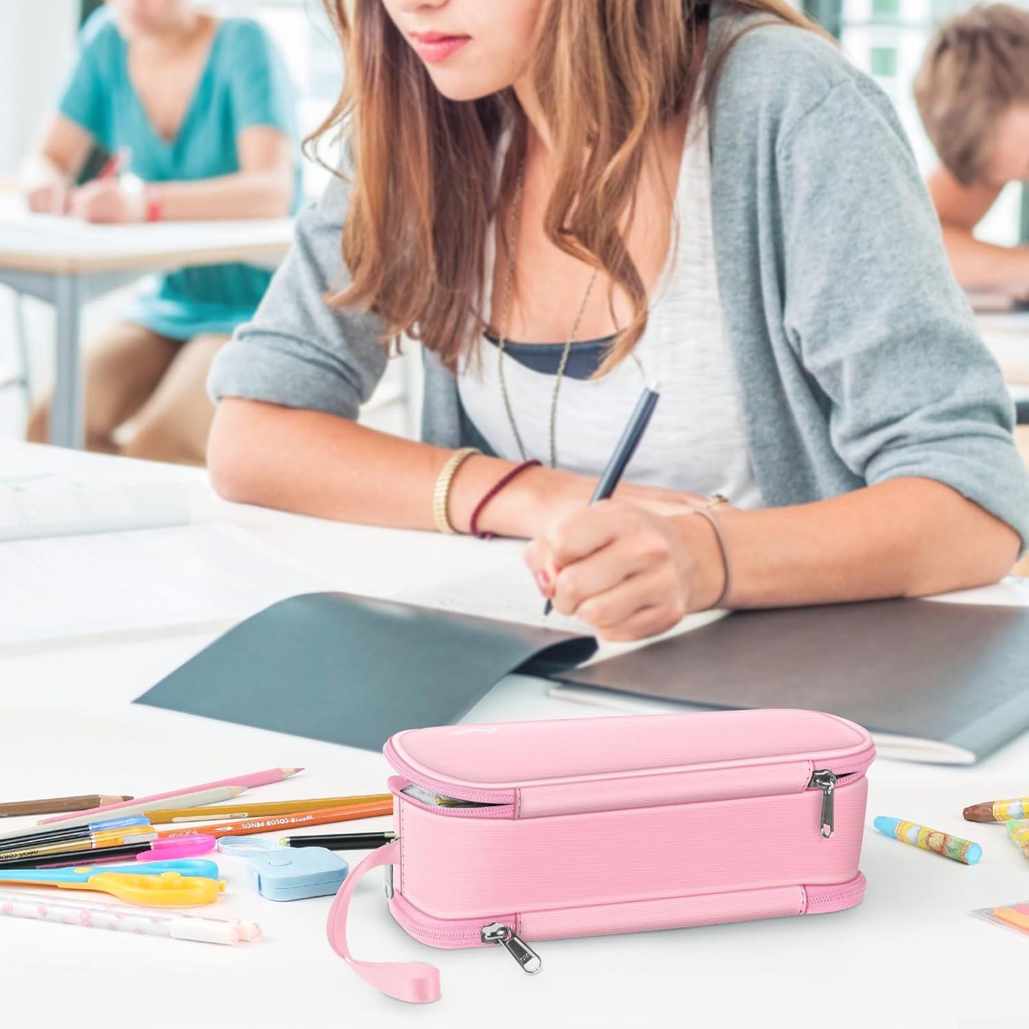 Großes Federmäppchen mit 3 Fächern, Rosa, Schule Büro