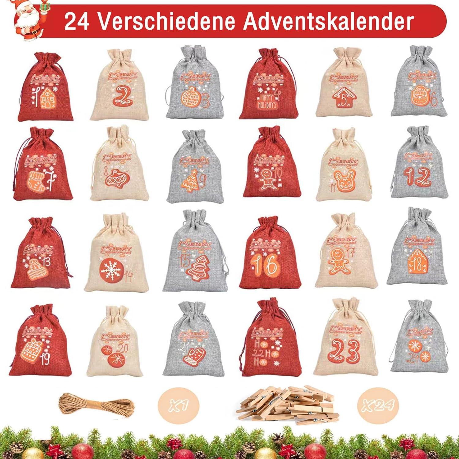 Adventskalender zum Befüllen Kinder Stoffbeutel 24 Säckchen