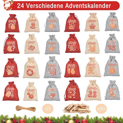 Adventskalender zum Befüllen Kinder Stoffbeutel 24 Säckchen