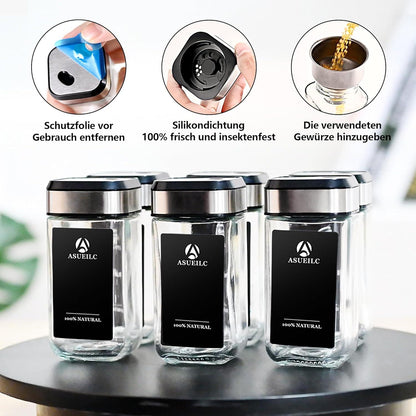 35 Gewürzdosen Set | Glas Gewürzgläser | Drei Kaliber einstellbar