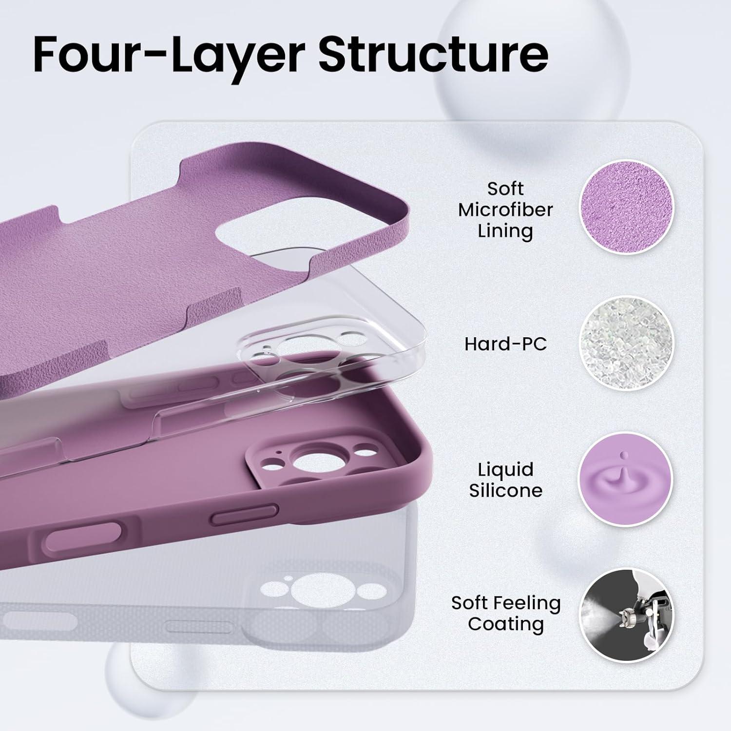 iPhone 16 Pro Hülle mit Kameraschutz und 2 Schutzfolien - Flüssiges Silikon - Lila Flieder - ORNARTO