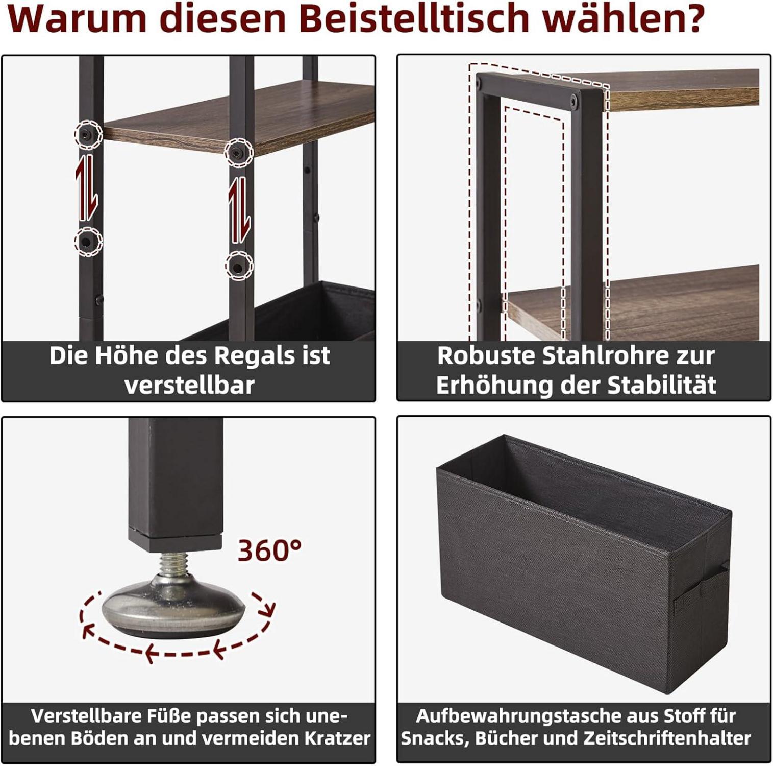 Schmaler Beistelltisch mit Stauraum und Stoffkorb, dunkelgrau, für kleine Räume