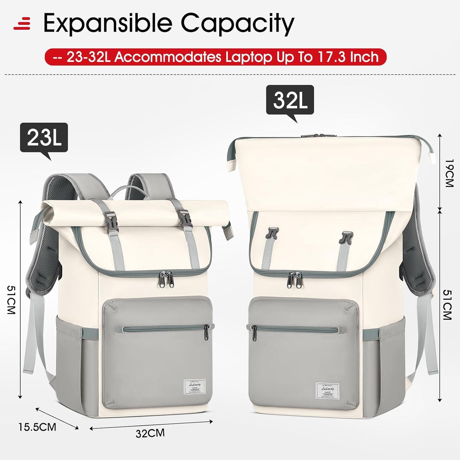 Lubardy Rolltop Rucksack 17,3 Zoll Wasserdicht Beige