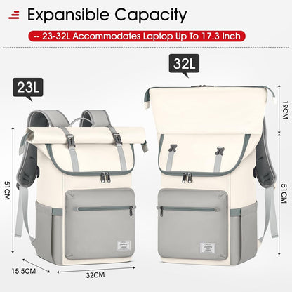 Lubardy Rolltop Rucksack 17,3 Zoll Wasserdicht Beige