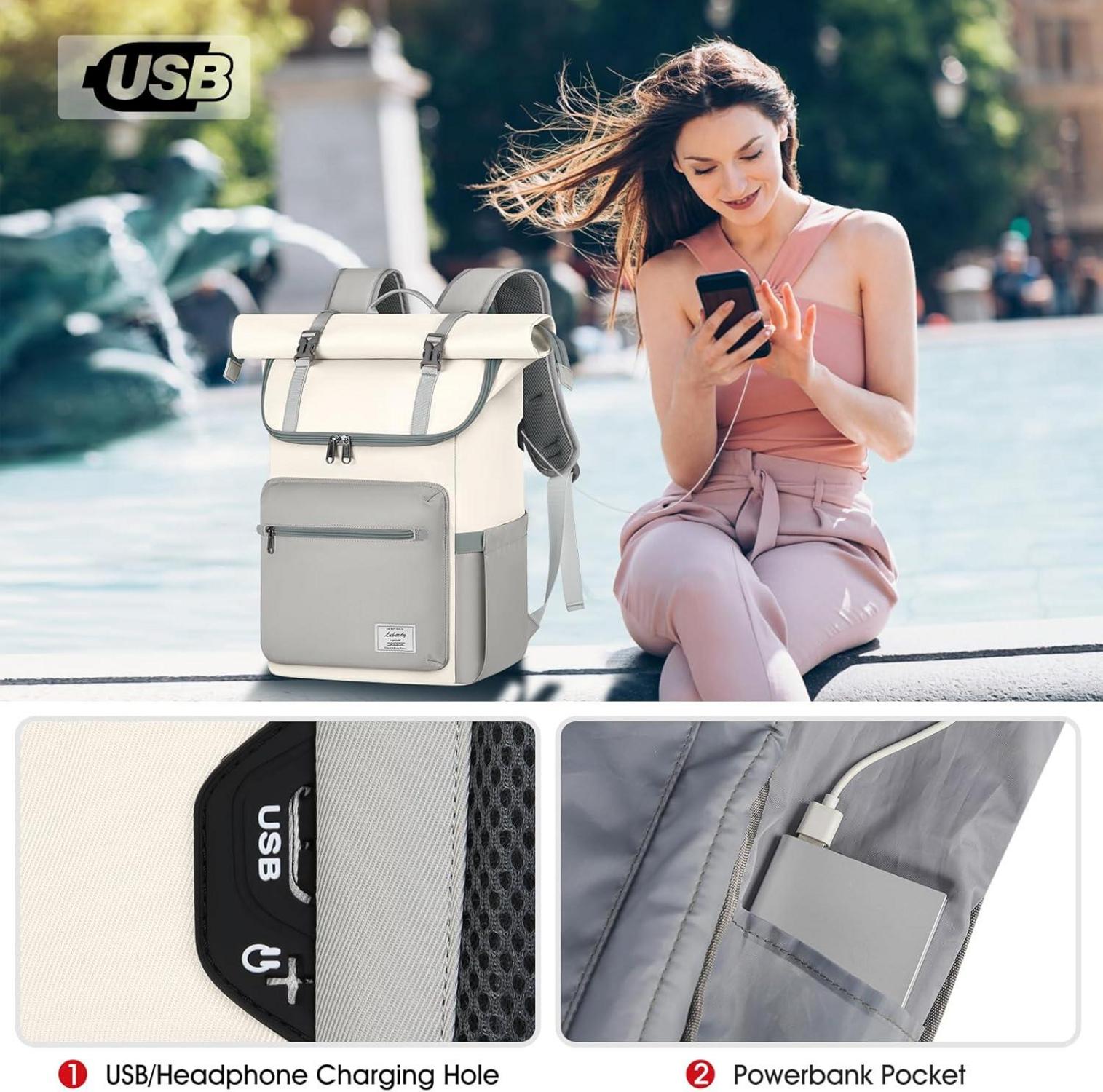 Rolltop Rucksack Wasserdicht Herren Damen Laptop 17,3 zoll Beige