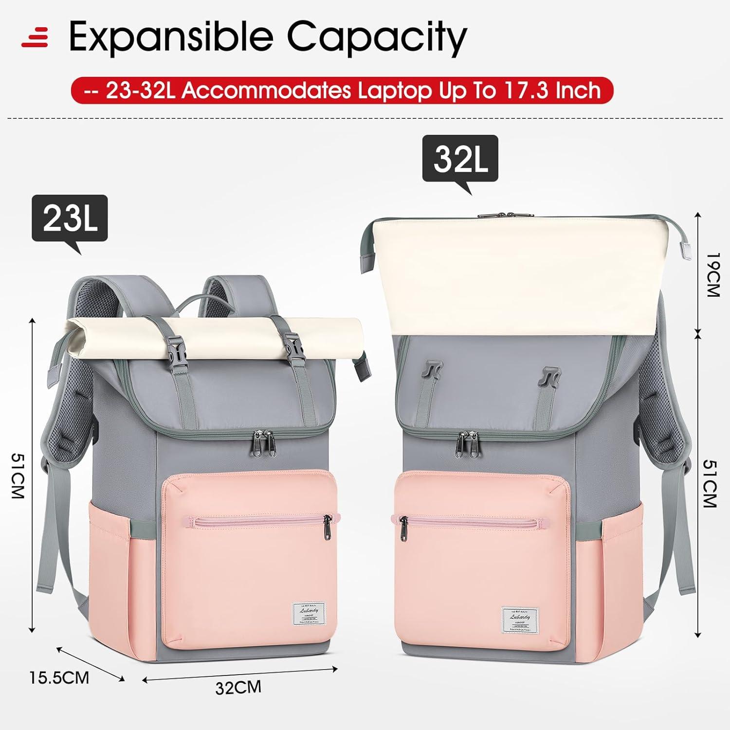 Lubardy Rolltop Rucksack Wasserdicht 17,3 Zoll Laptop Uni Reisen Grau