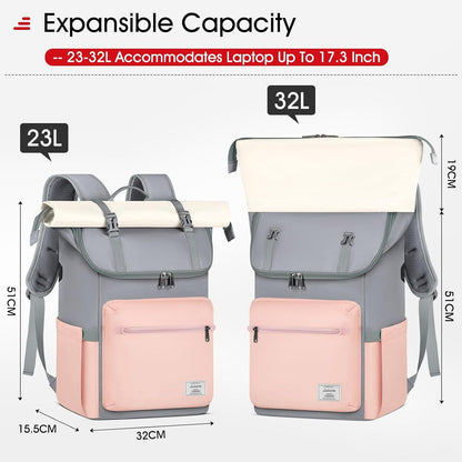 Lubardy Rolltop Rucksack Wasserdicht 17,3 Zoll Laptop Uni Reisen Grau