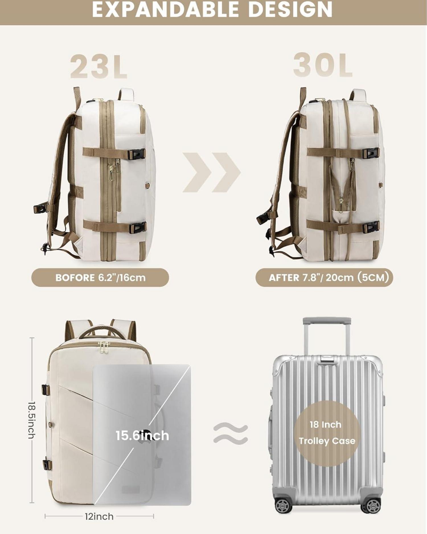 30L Laptoprucksack Handgepäck für Reise und Business, Beige Khaki