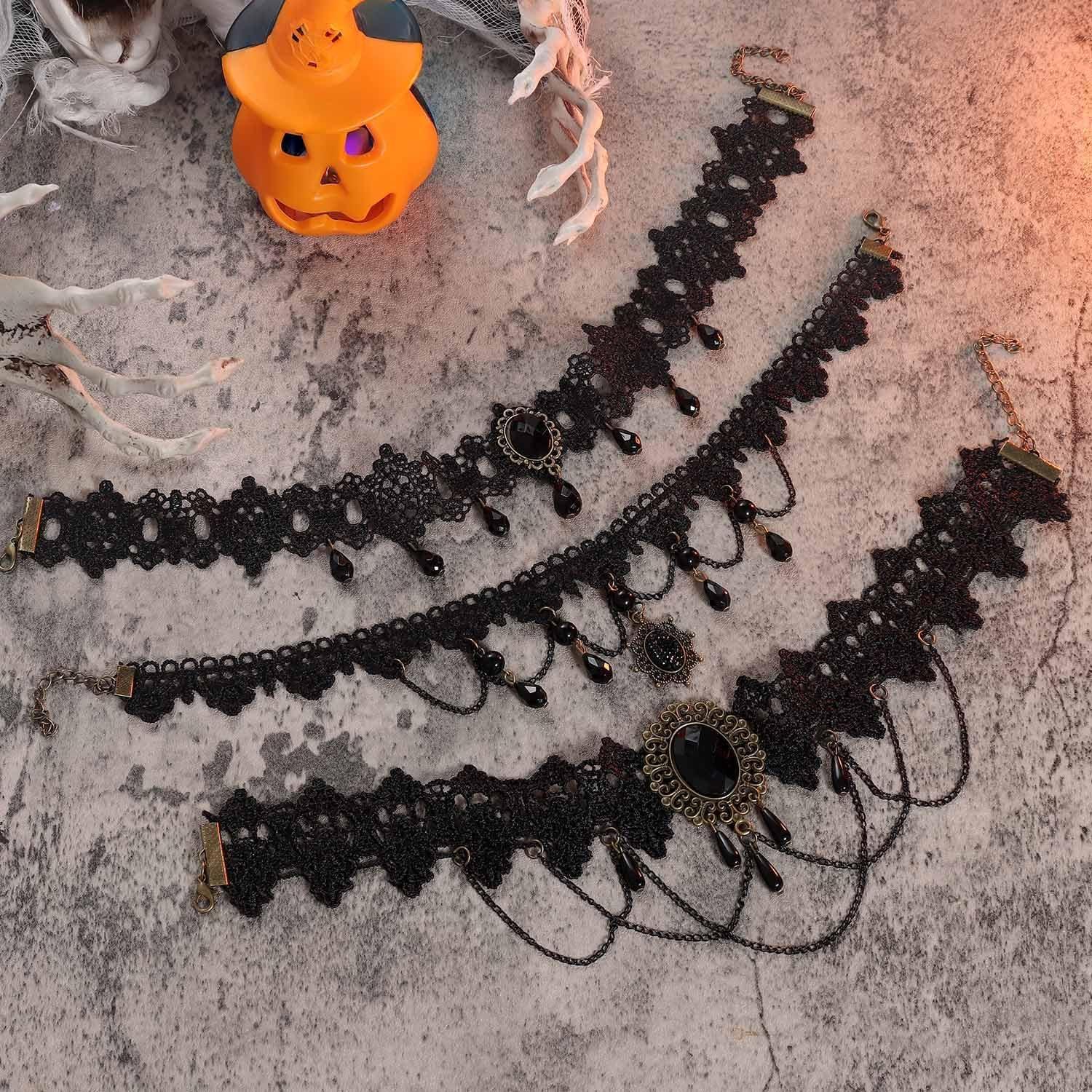 Halloween Damen Gothic Schwarz Spitze Choker Set 5-teilig