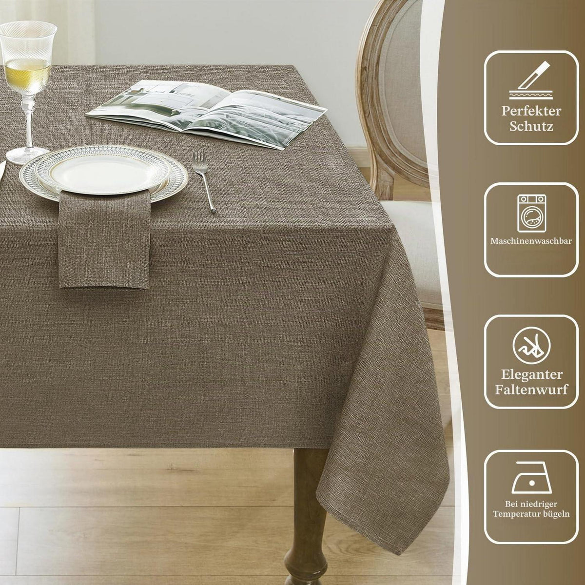 Abwaschbare Tischdecke Leinenoptik 240x140 cm Beige Braun