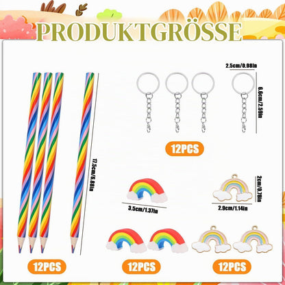 Regenbogen Stift Set 36tlg. mit Radiergummis & Schlüsselanhänger