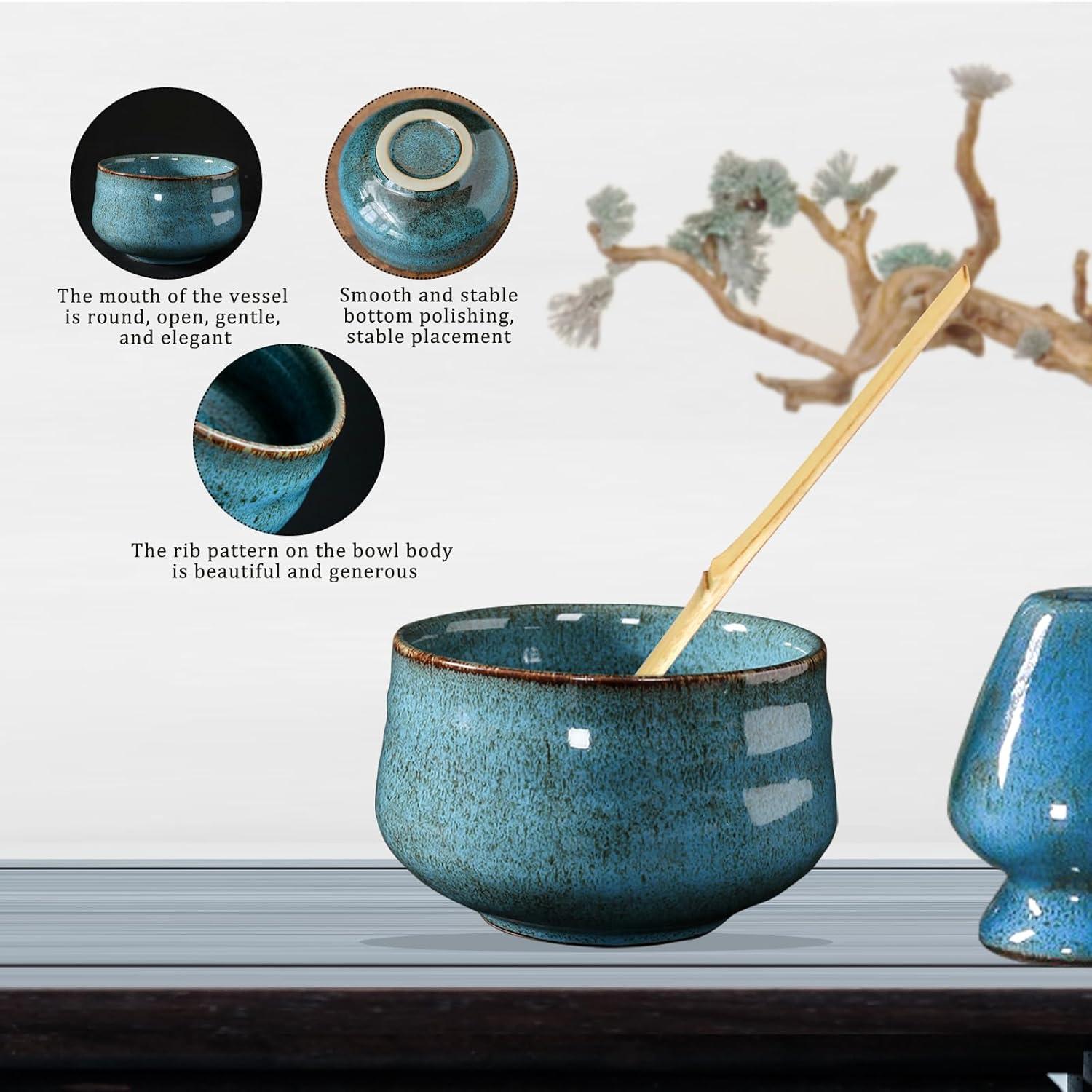 Matcha-Set 7-tlg. Japanisches Tee-Set Keramik 500ml Schale Bambusbesen Löffel Sieb Blau
